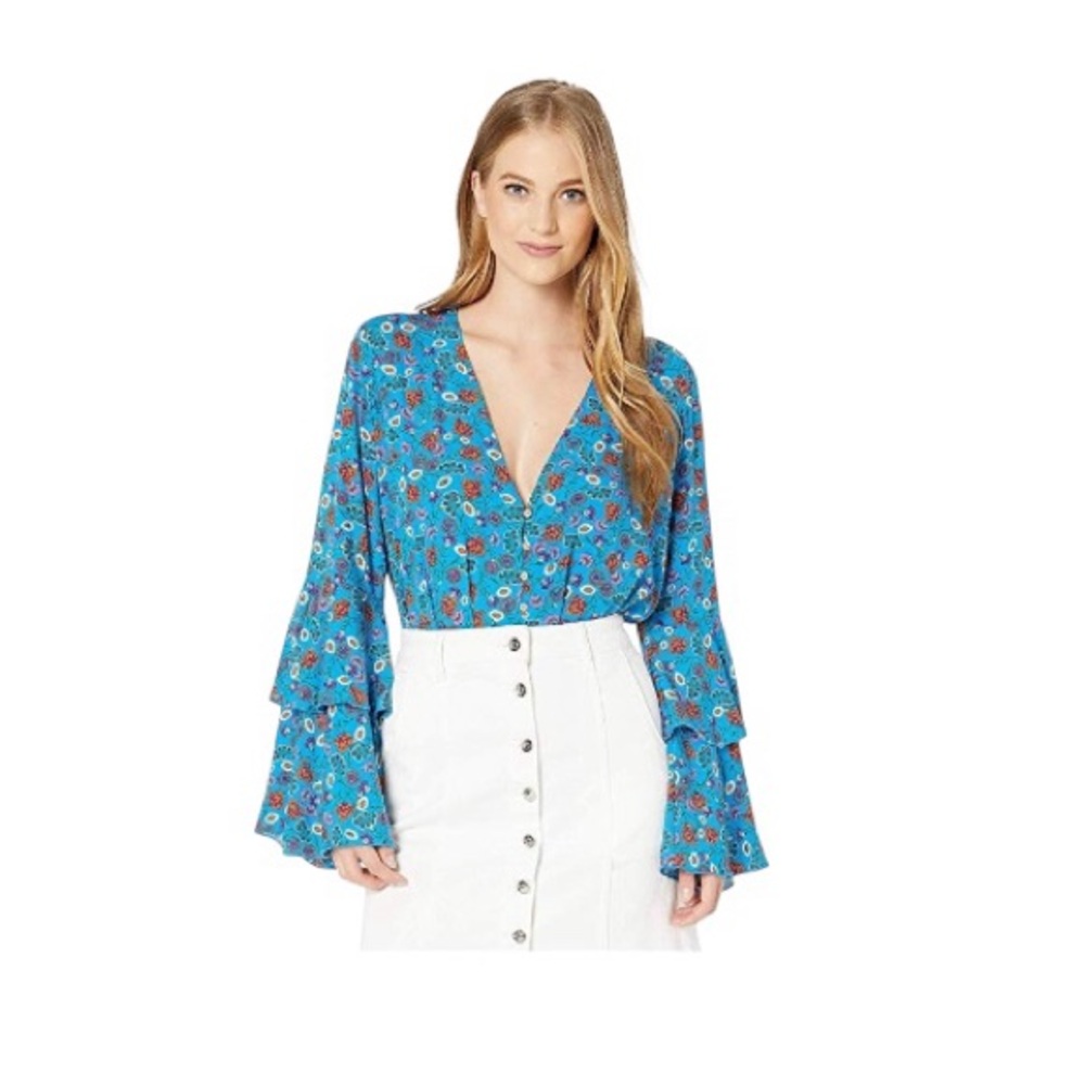 Free People She's Dainty Bodysuit Ruffle Sleeves Blue Floral Blouse Top Medium